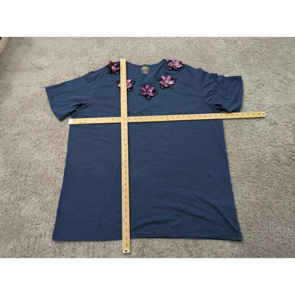 The Foundry Shirt Womens 3XLT TALL Blue Flower Sequin Short Sleeve Cotton Blend - Picture 4 of 6